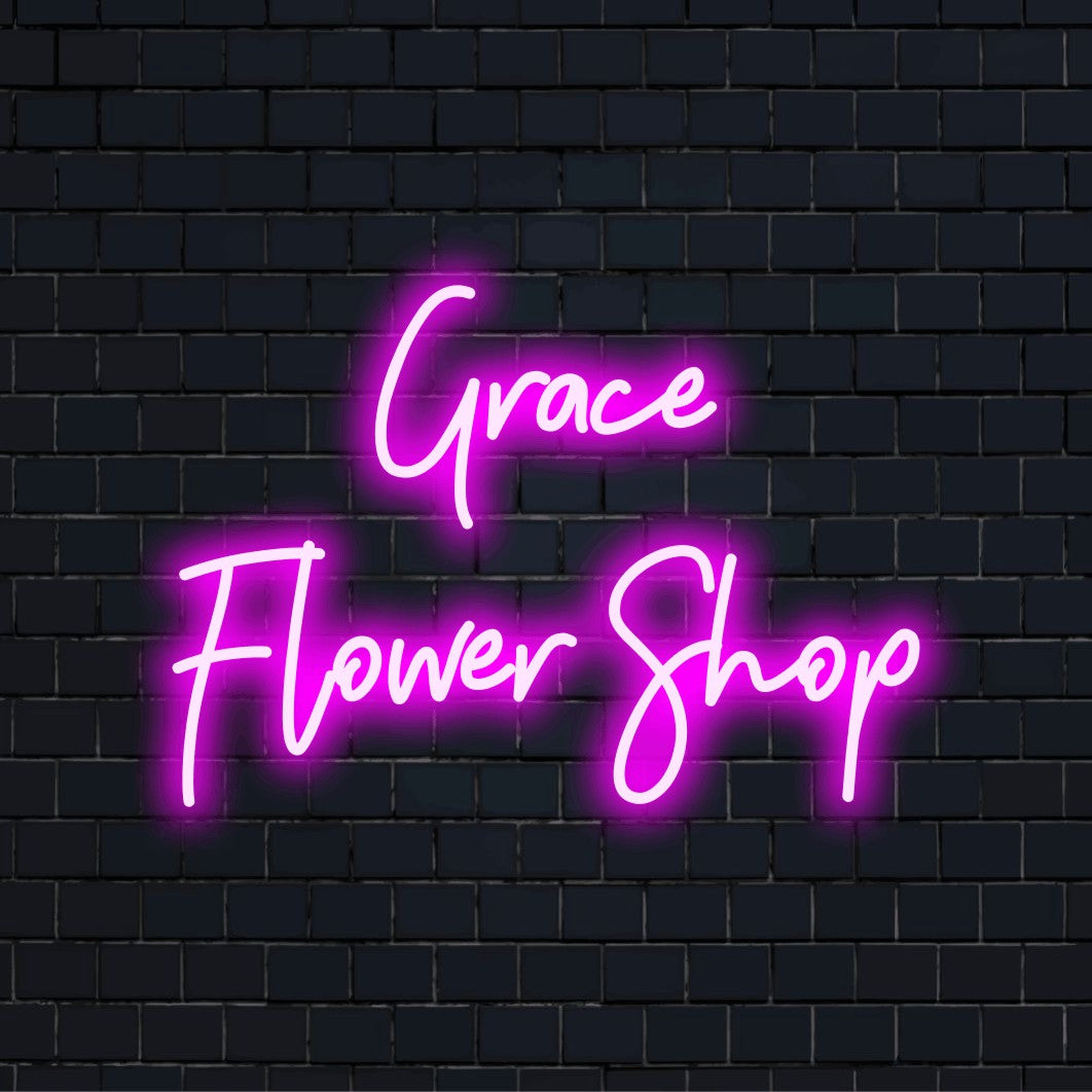 Grace Flower Shop Custom Name Neon Sign, bright LED glow on dark brick background