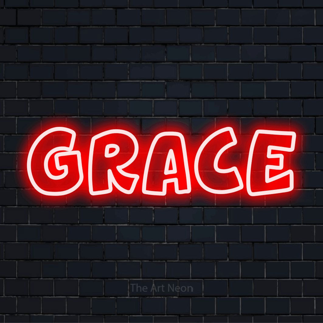 "Grace" text design with neon effect on a black brick wall