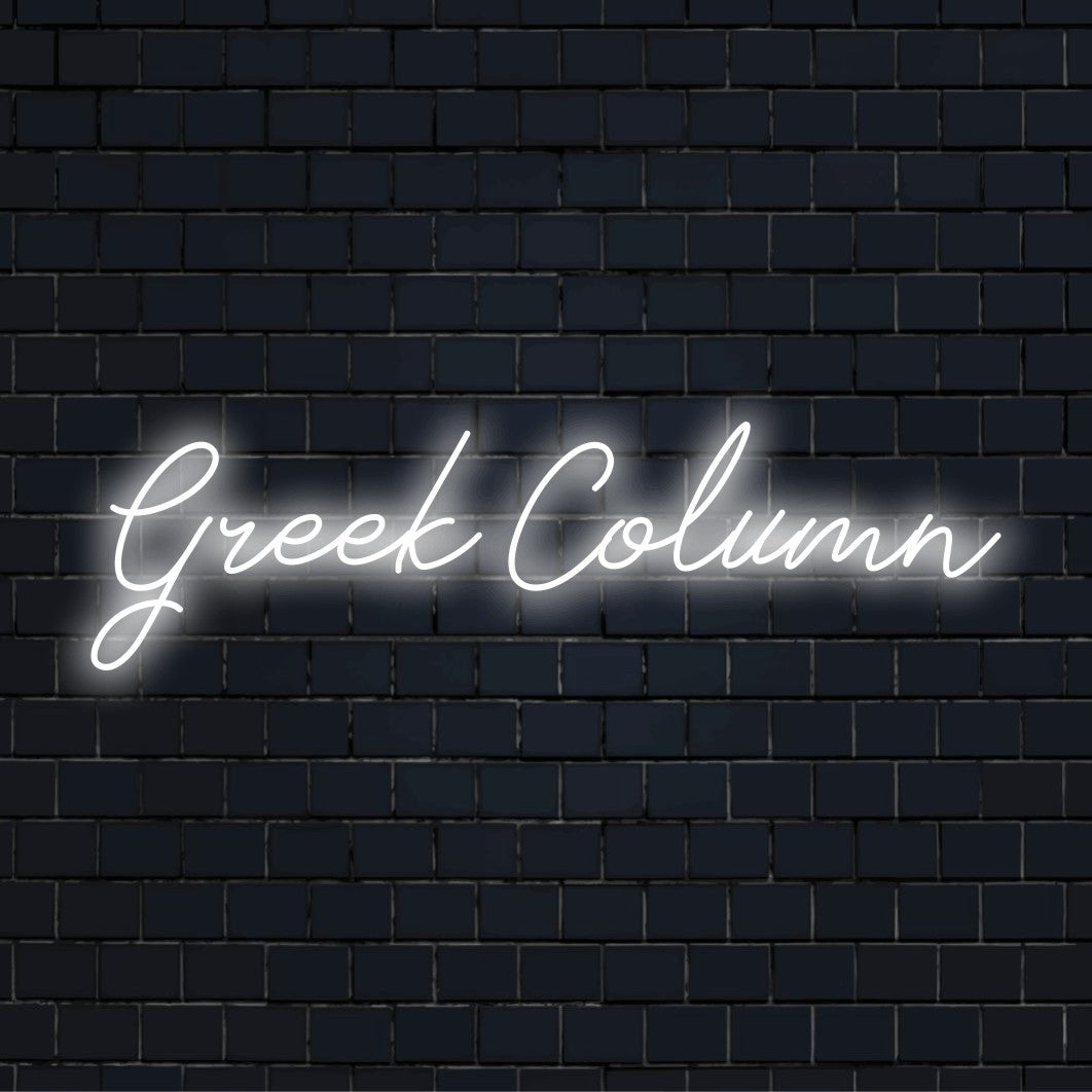 Greek Column Neon Sign, glowing lettering against brick backdrop