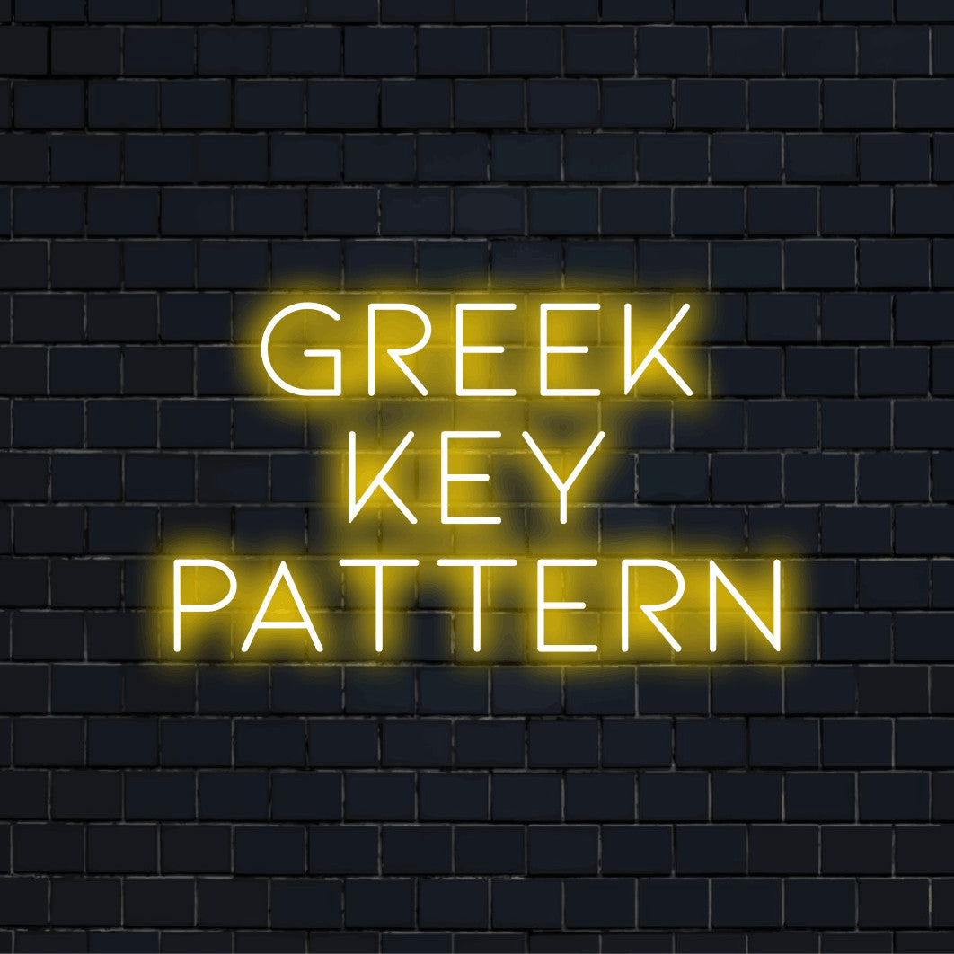 Greek Key Pattern LED Neon Sign, glowing neon text against black brick wall
