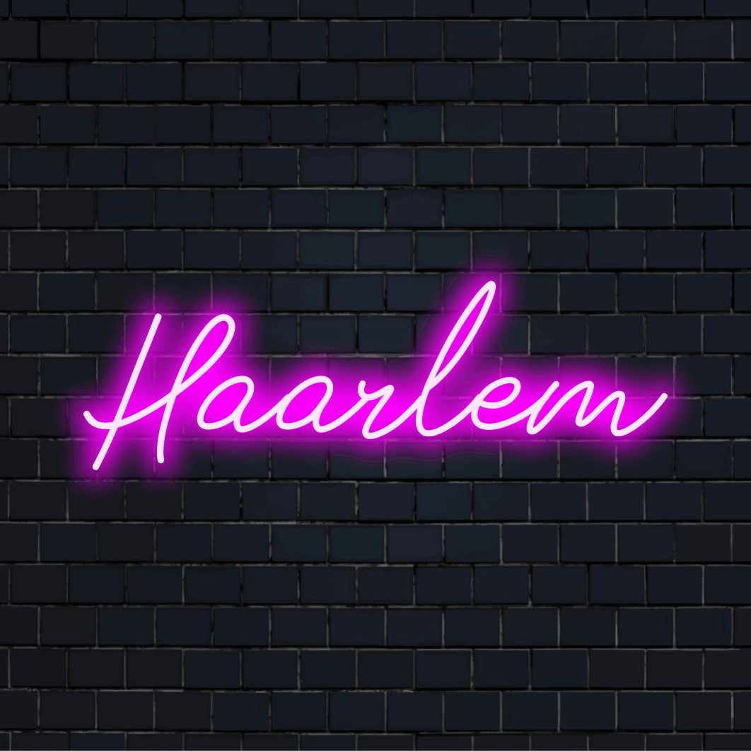 Haarlem Neon Sign, bright neon glow on dark brick wall