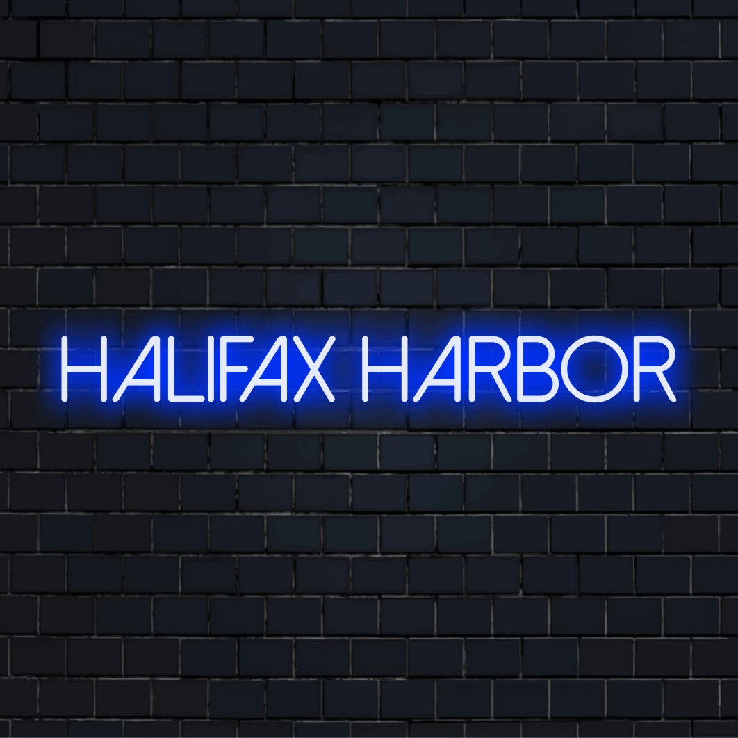 Halifax Harbor Neon Sign, glowing wall decor on dark brick wall