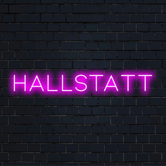 Hallstatt LED Neon Sign, glowing wall decor on dark brick wall