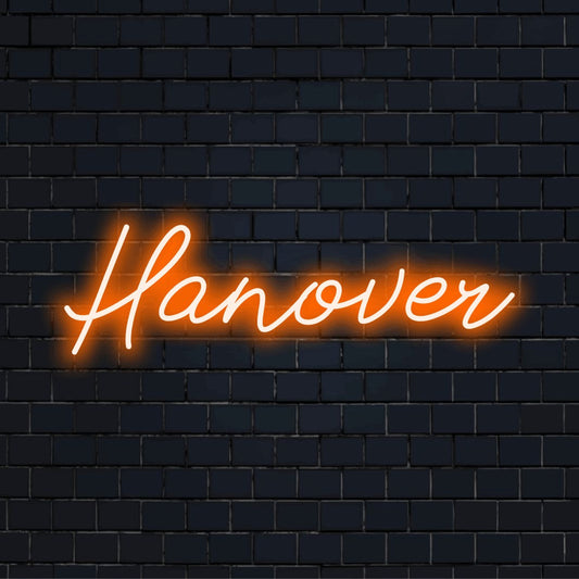 Hanover Neon Sign, bright LED glow against brick backdrop