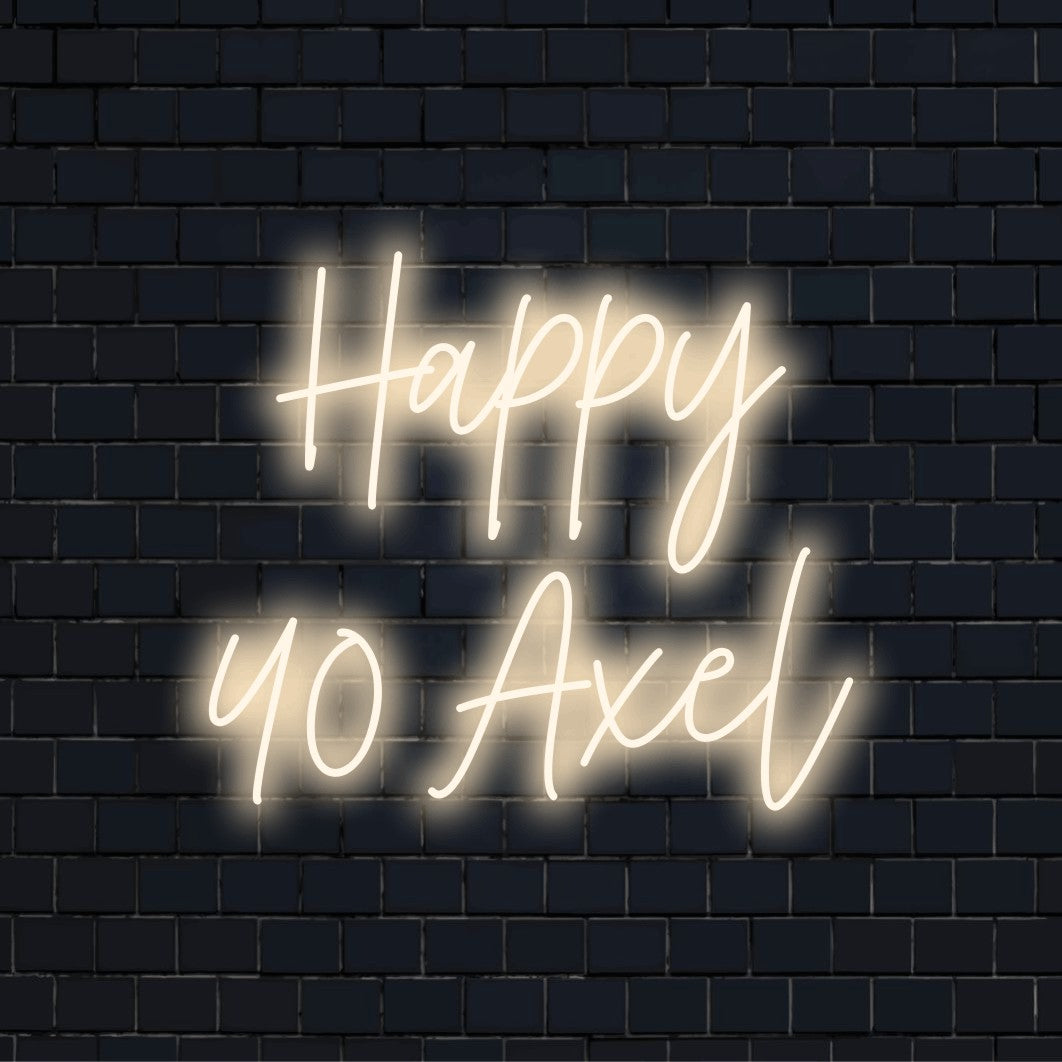 Happy 40 Axel Personalized LED Neon Sign, glowing wall decor on black brick background