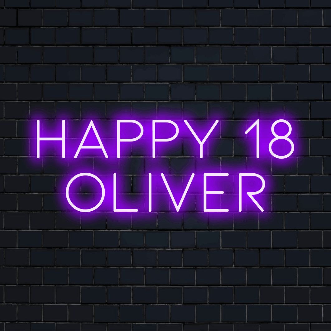 Happy 18 Oliver Personalized Neon Light with soft neon glow against brick backdrop