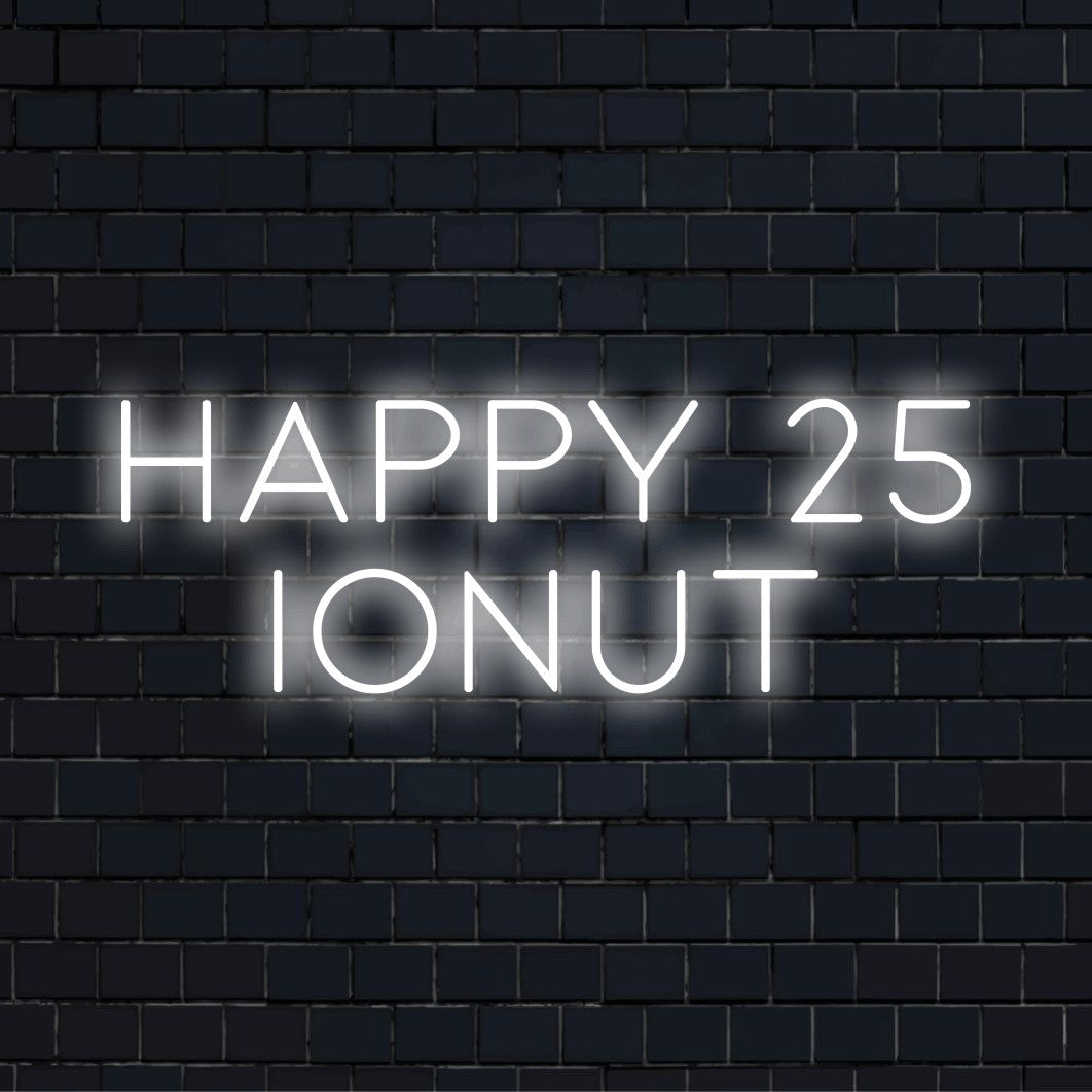 Happy 25 Ionut Personalized LED Neon Sign, neon text light on black brick background