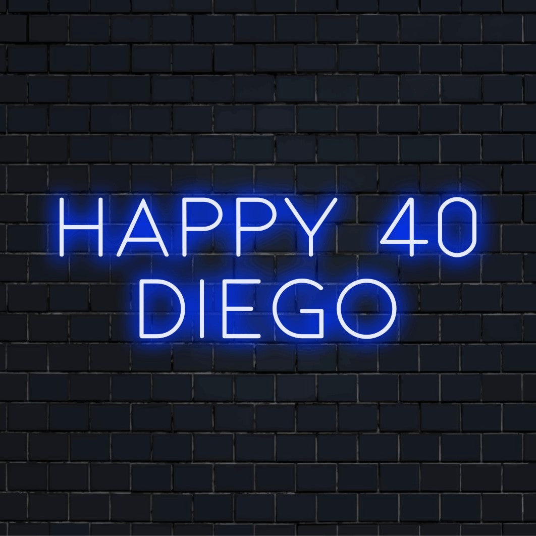 Happy 40 Diego Personalized LED Neon Sign, soft neon glow on dark brick background