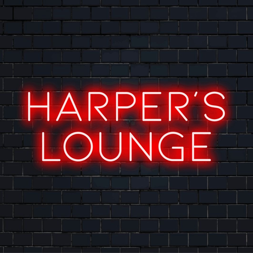 Harper_s Lounge Custom Name Neon Sign, glowing neon text on dark brick wall