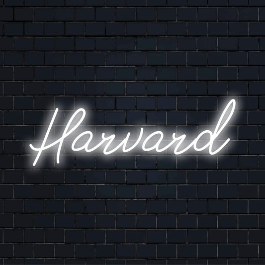 Harvard Neon Sign, glowing wall decor against brick backdrop
