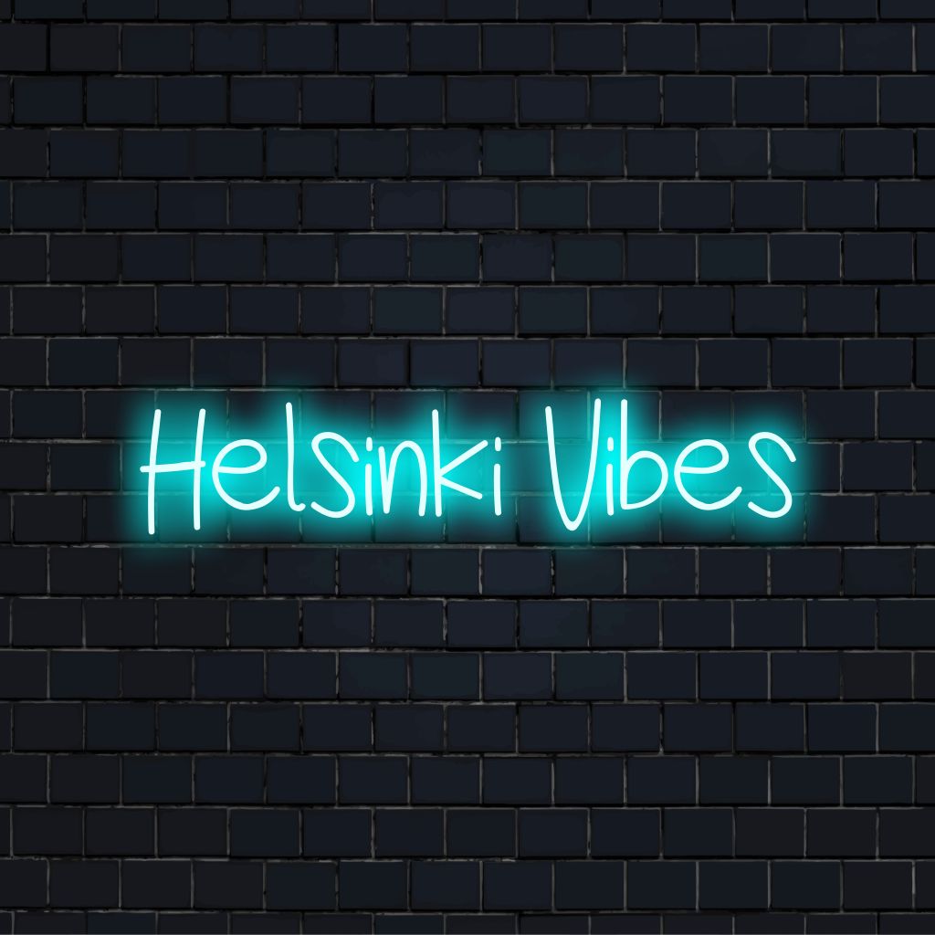 Helsinki Vibes Neon Light with bright LED glow on dark brick background