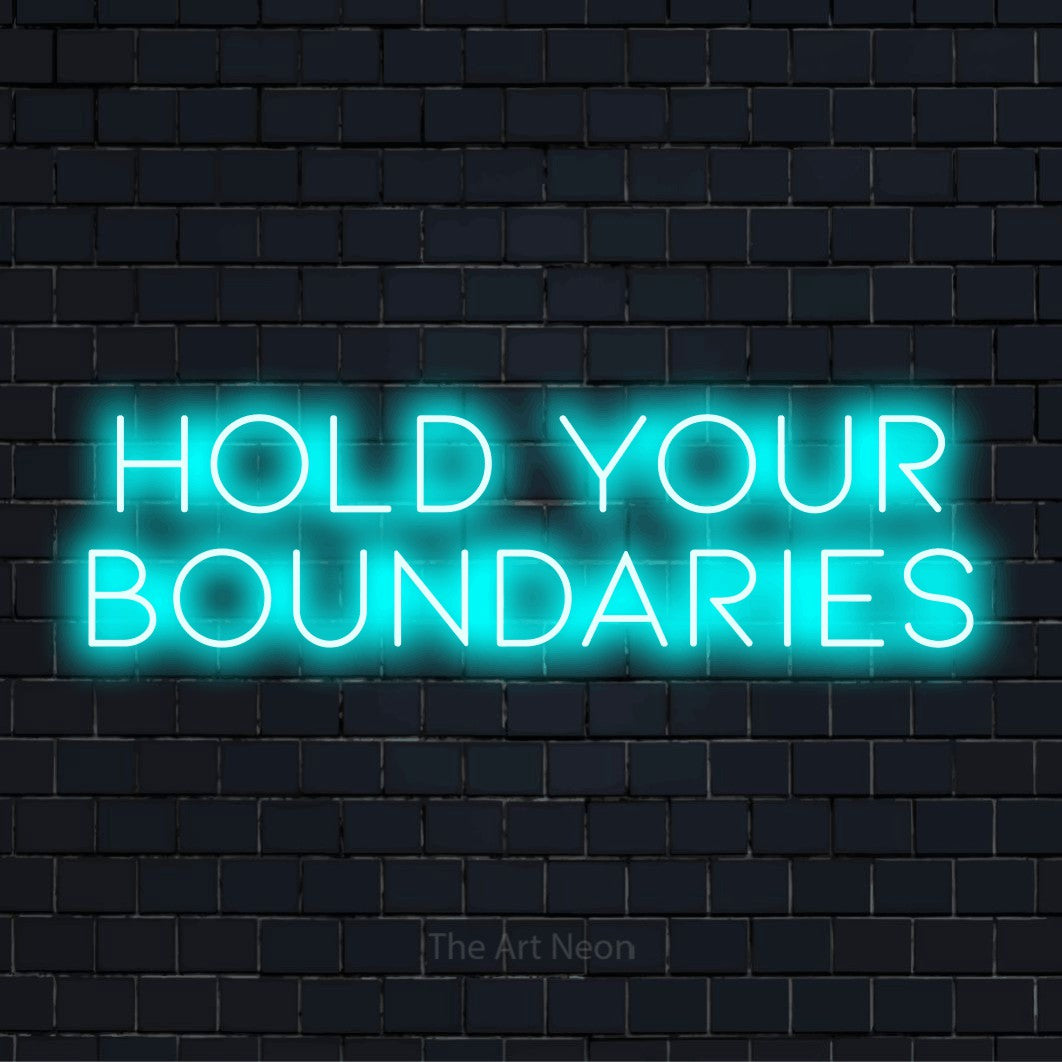 "Hold Your Boundaries" neon text design on a black brick wall