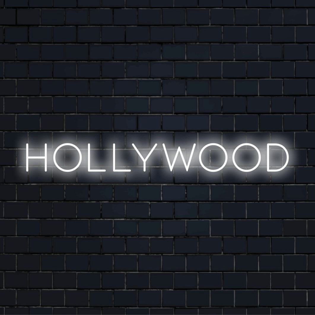 Hollywood LED Neon Sign, neon text light on dark brick wall