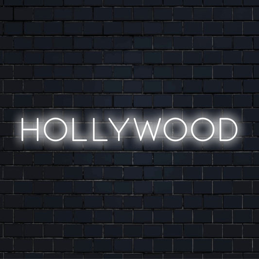 Hollywood LED Neon Sign, neon text light on dark brick wall