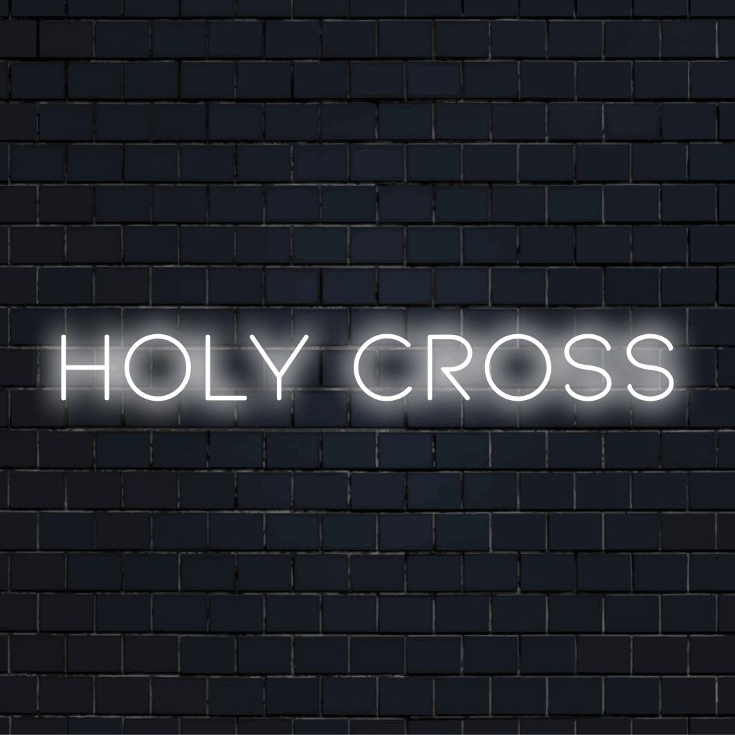 Holy Cross Neon Light with glowing wall decor on dark brick background