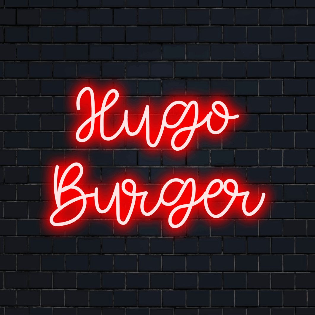 Hugo Burger Custom Name Neon Sign, soft neon glow on dark brick background