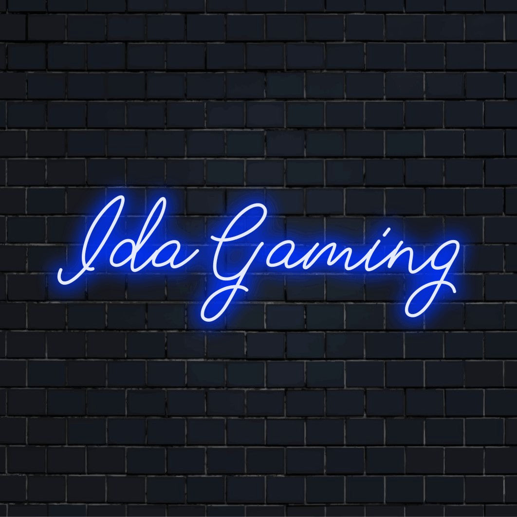 Ida Gaming Custom Name Neon Sign, soft neon glow against brick backdrop
