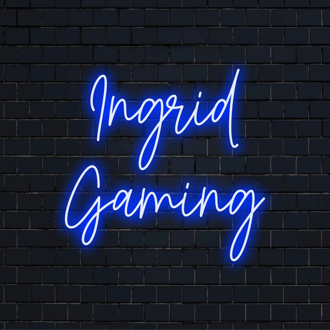Ingrid Gaming Custom Name Neon Sign, bright neon lettering on dark brick background