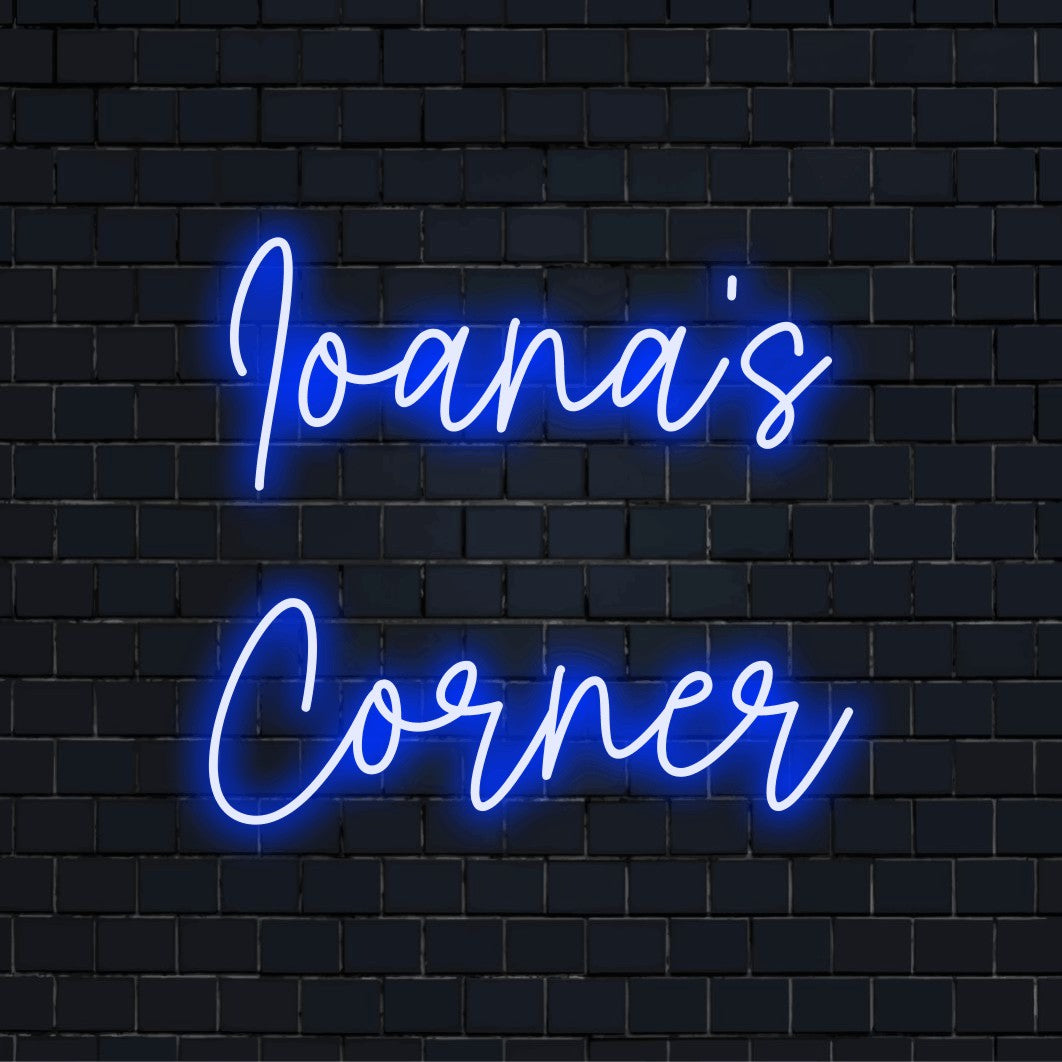 Ioana_s Corner Personalized LED Neon Sign, glowing neon text on black brick background