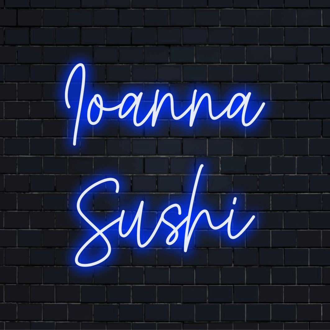 Ioanna Sushi Custom Name Neon Sign, bright neon lettering against brick backdrop