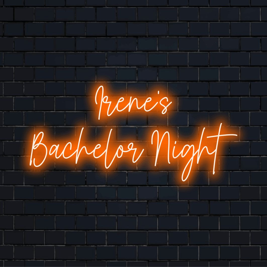 Irene_s Bachelor Night Custom Name Neon Sign, bright neon lettering on black brick background