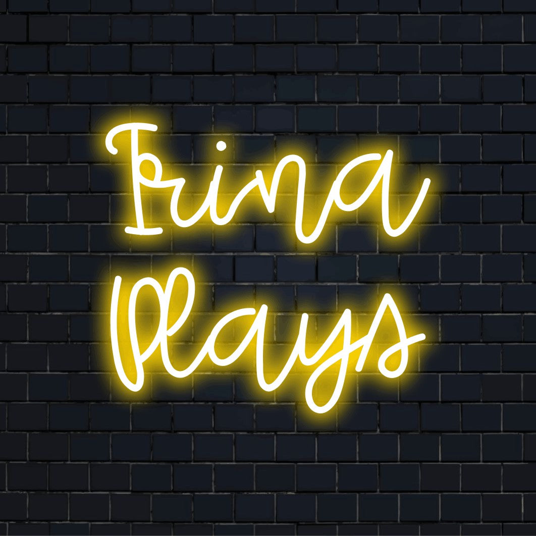 Irina Plays Custom Name Neon Sign, glowing wall decor on dark brick background