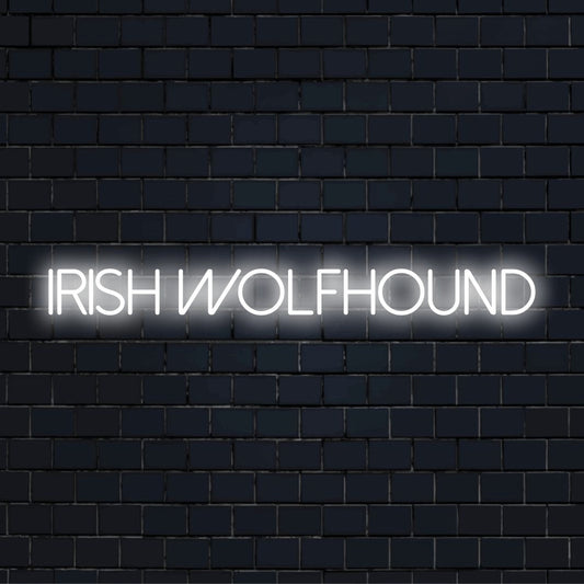 Irish Wolfhound Neon Sign, glowing lettering against brick backdrop