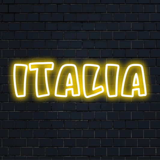 Italia Neon Sign, bright neon glow on dark brick wall