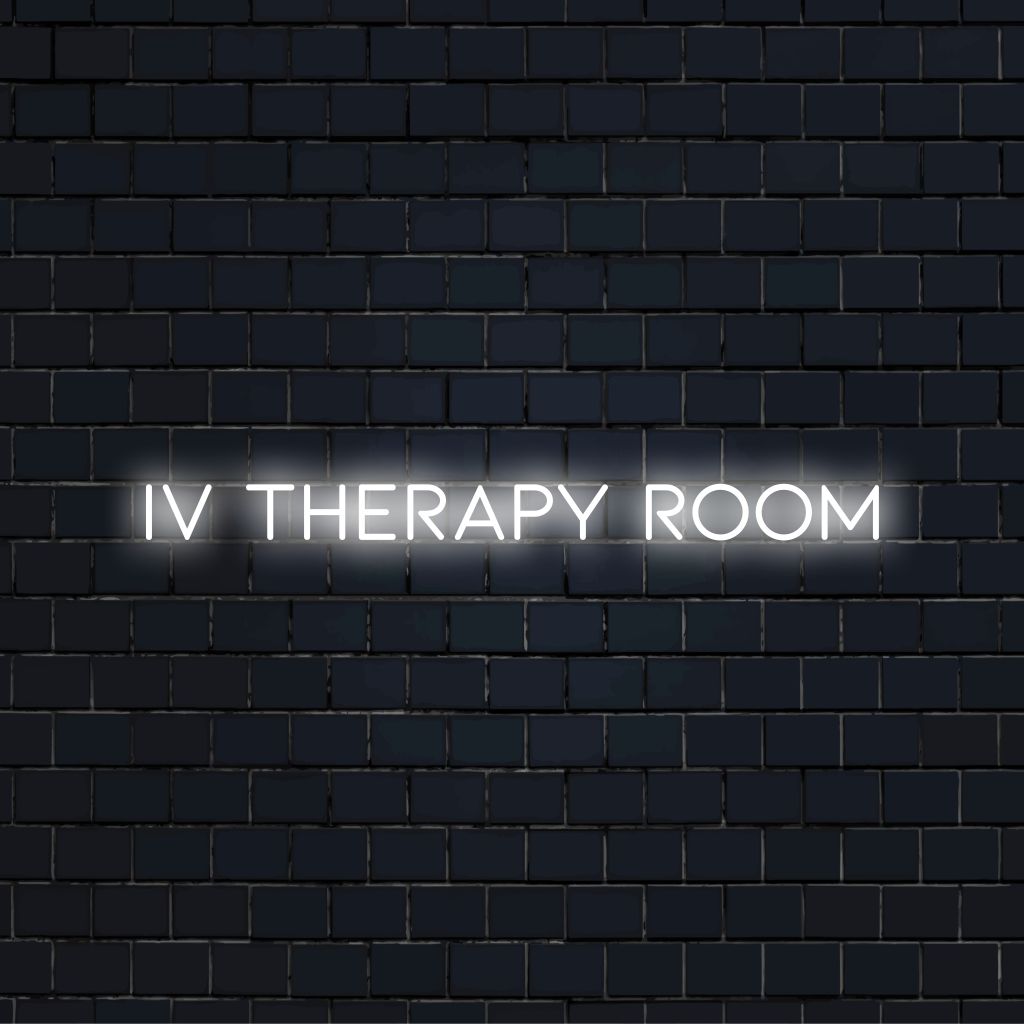 Iv Therapy Room Neon Sign, bright LED glow against black brick wall