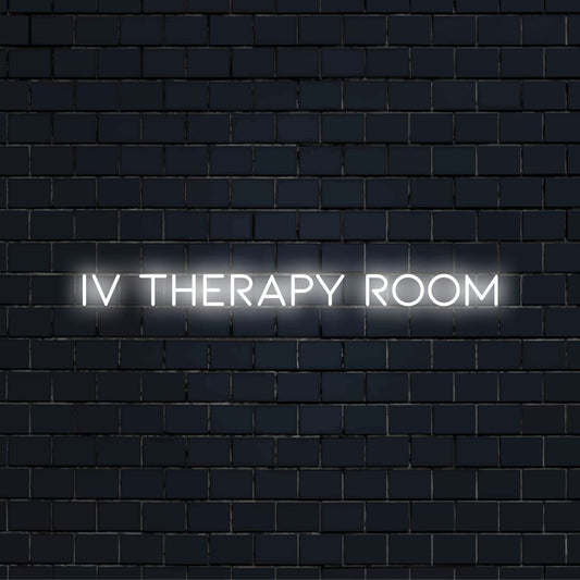 Iv Therapy Room Neon Sign, bright LED glow against black brick wall