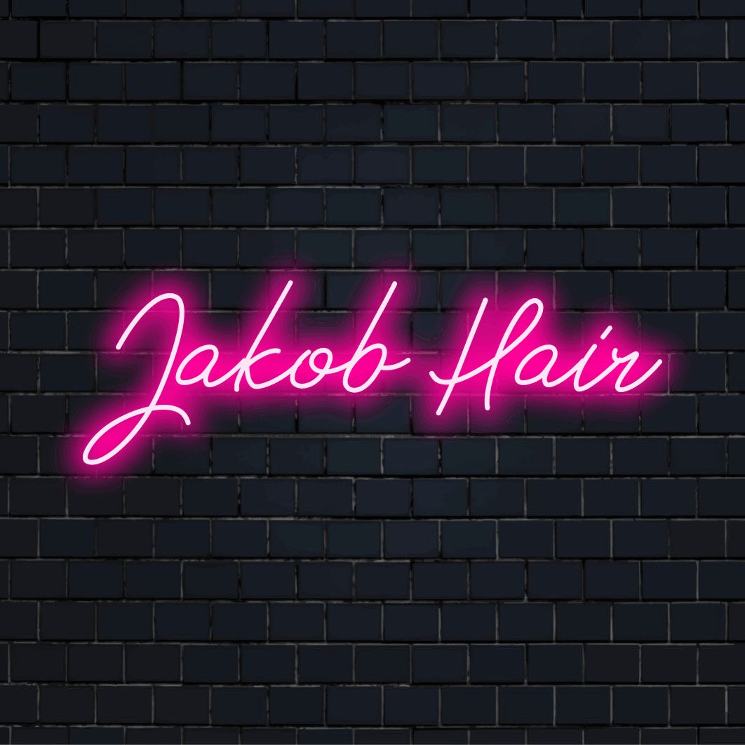 Jakob Hair Personalized Neon Light with neon text light on black brick background