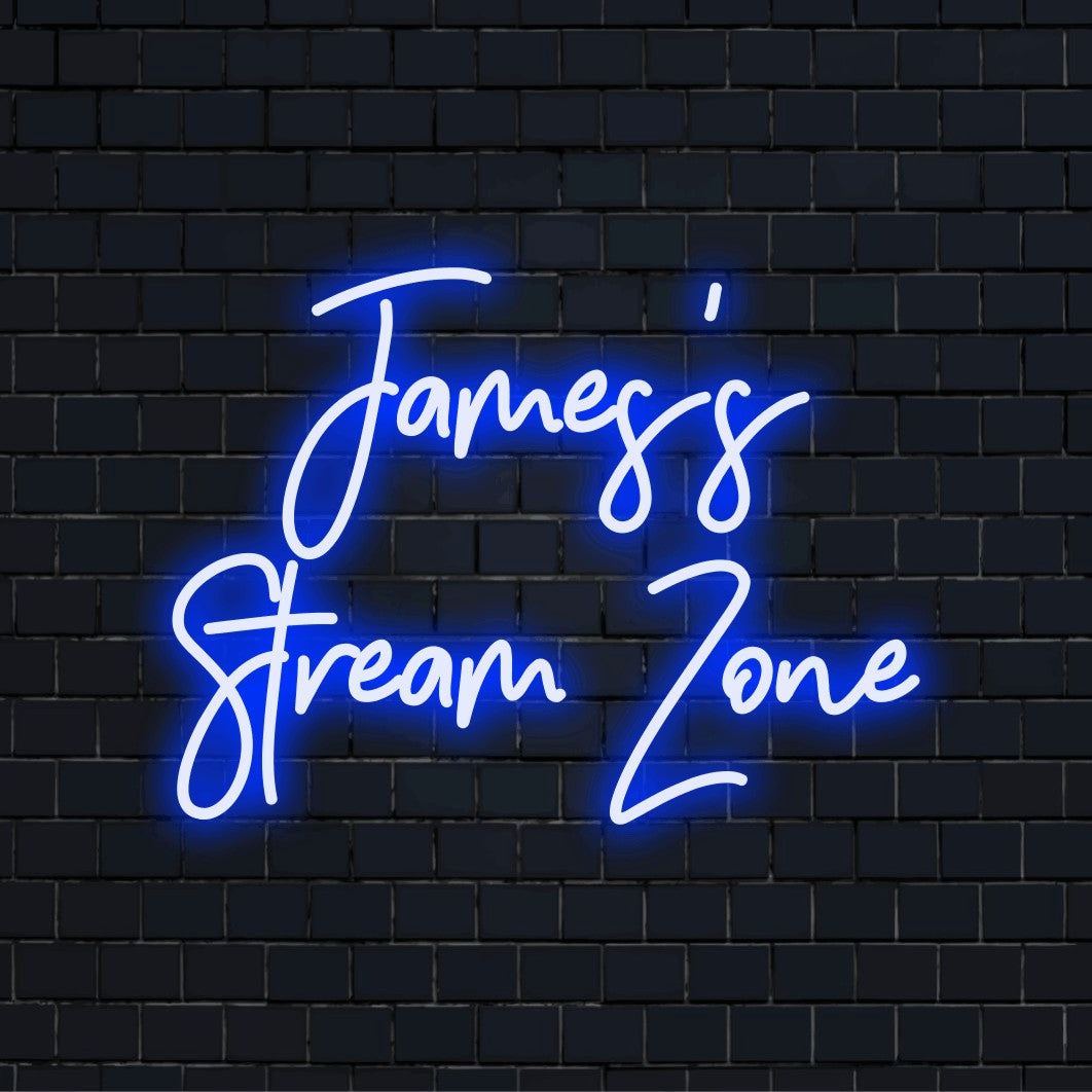 James_s Stream Zone Custom Name Neon Sign, glowing wall decor on dark brick wall