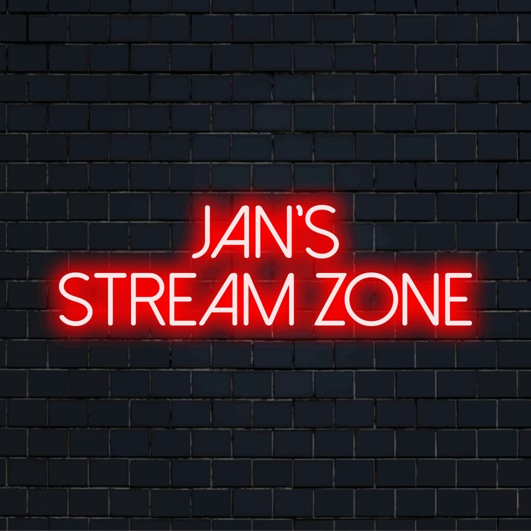 Jan_s Stream Zone Personalized Neon Light with bright LED glow on dark brick wall