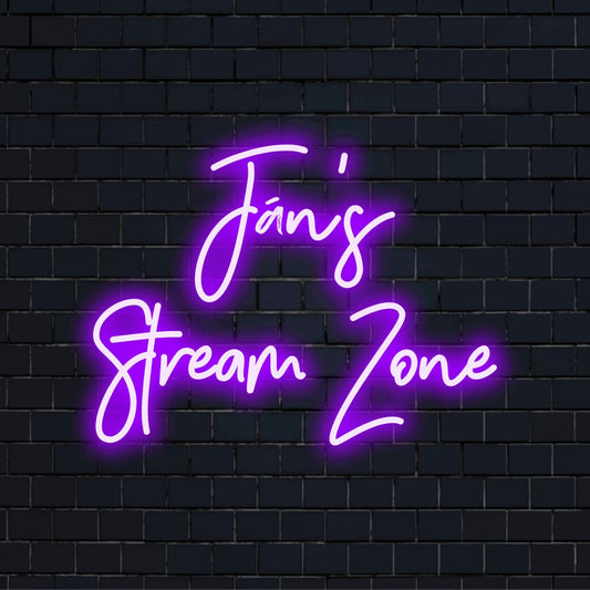 Jan_s Stream Zone Personalized LED Neon Sign, soft neon glow on dark brick wall