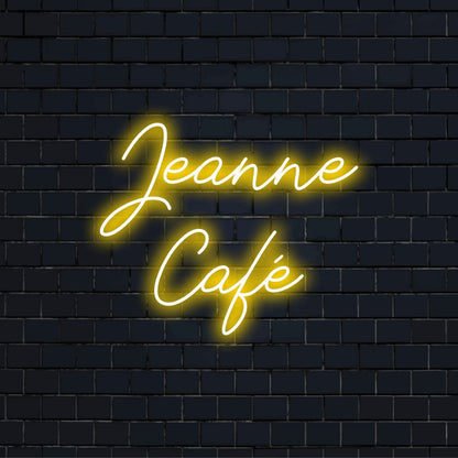 Jeanne Cafe Custom Name Neon Sign, bright neon glow on black brick background