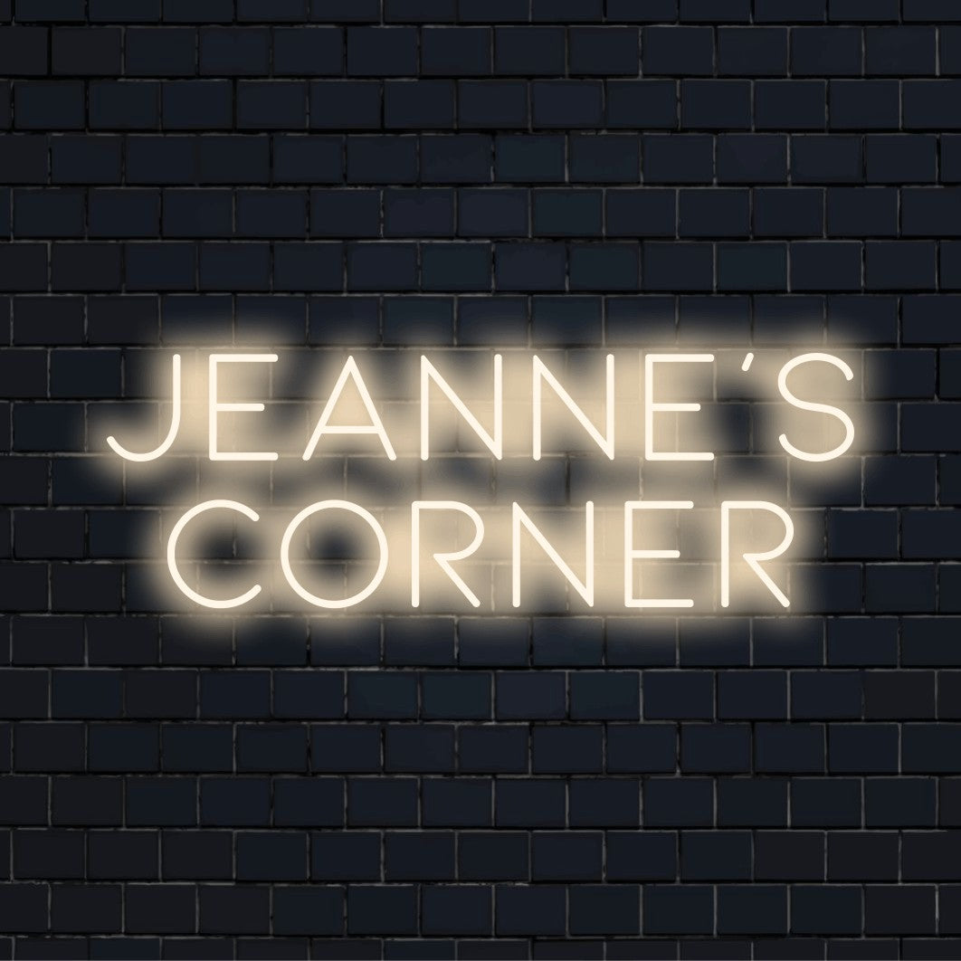 Jeanne_s Corner Personalized LED Neon Sign, soft neon glow on black brick background