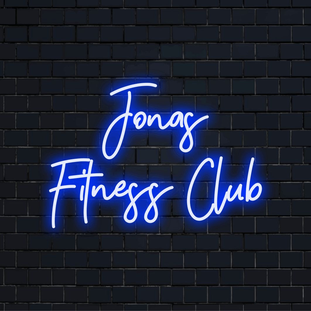 Jonas Fitness Club Personalized LED Neon Sign, glowing neon text on dark brick background