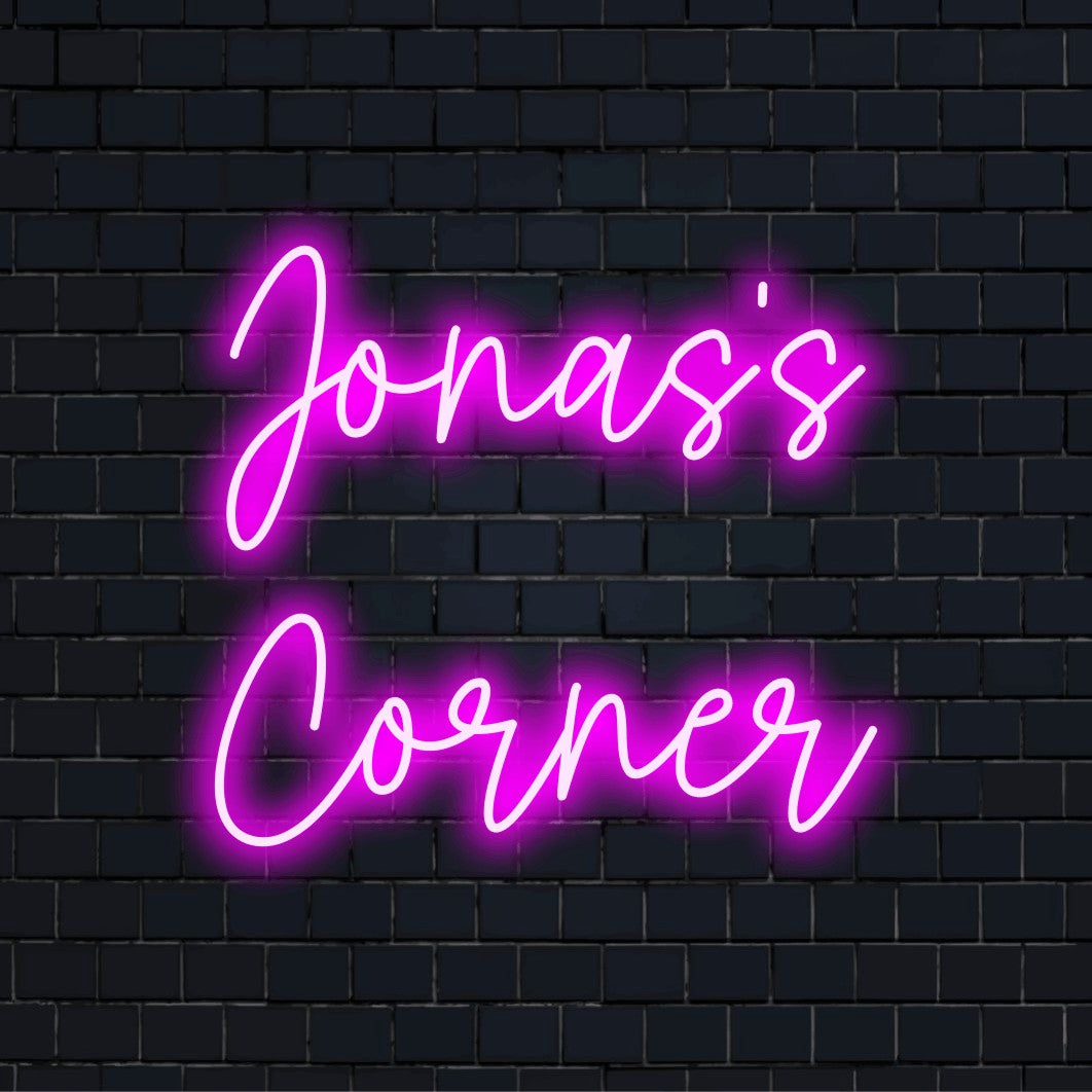 Jonas_s Corner Personalized LED Neon Sign, bright neon glow on dark brick wall