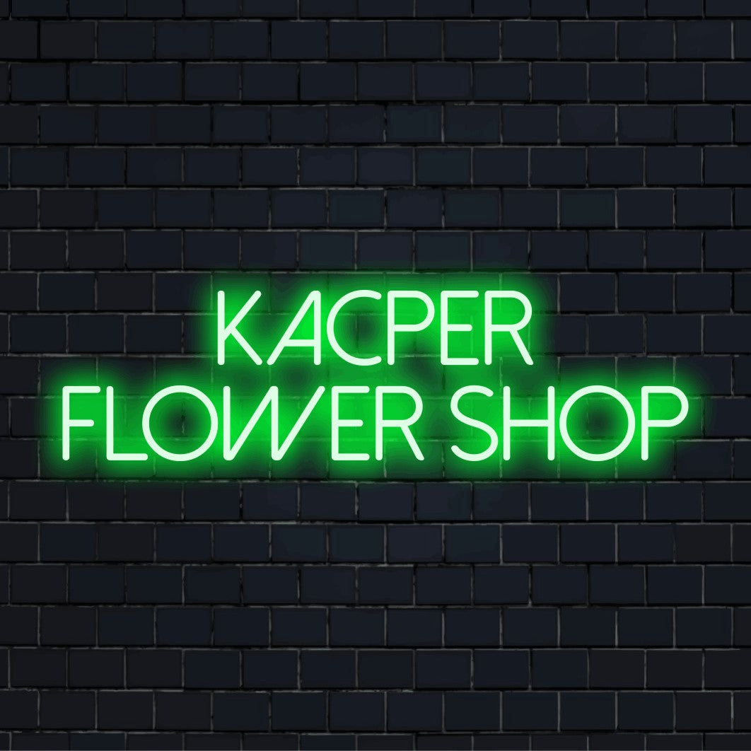 Kacper Flower Shop Custom Name Neon Sign, bright neon glow on dark brick background