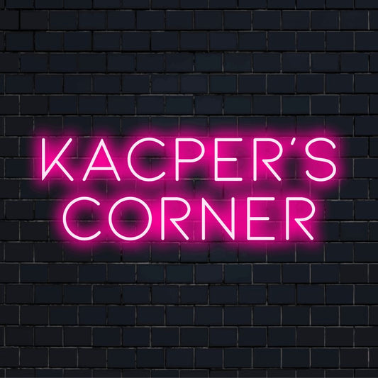 Kacper_s Corner Custom Name Neon Sign, glowing wall decor on black brick background