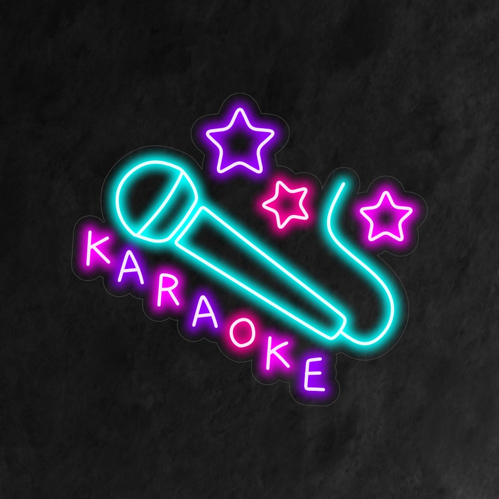 Een levendig karaoke-neonbord, perfect voor een muziekthema-inrichting, dat een levendig en energiek licht uitstraalt dat de toon zet voor een onvergetelijke zangervaring.