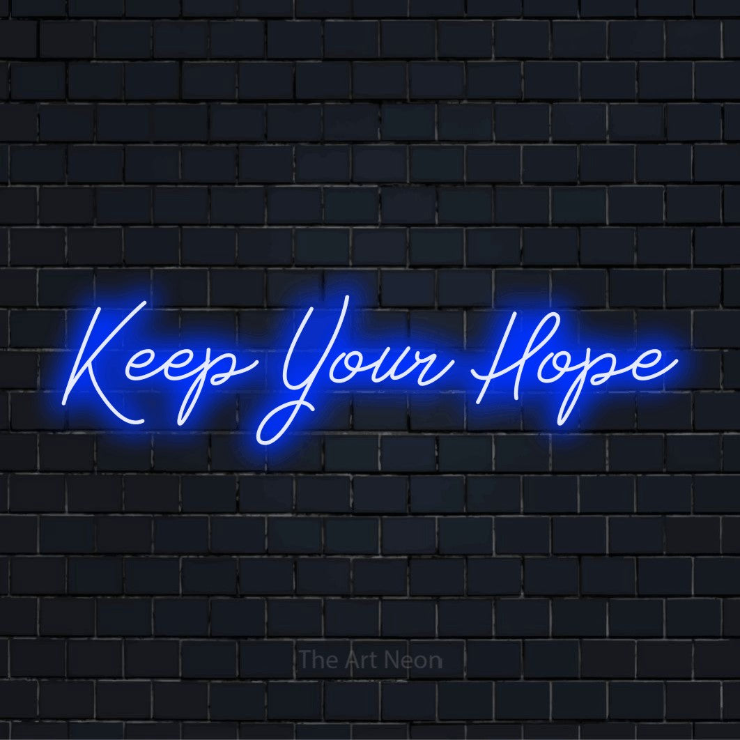 "Keep Your Hope" text design with neon effect on a black brick wall