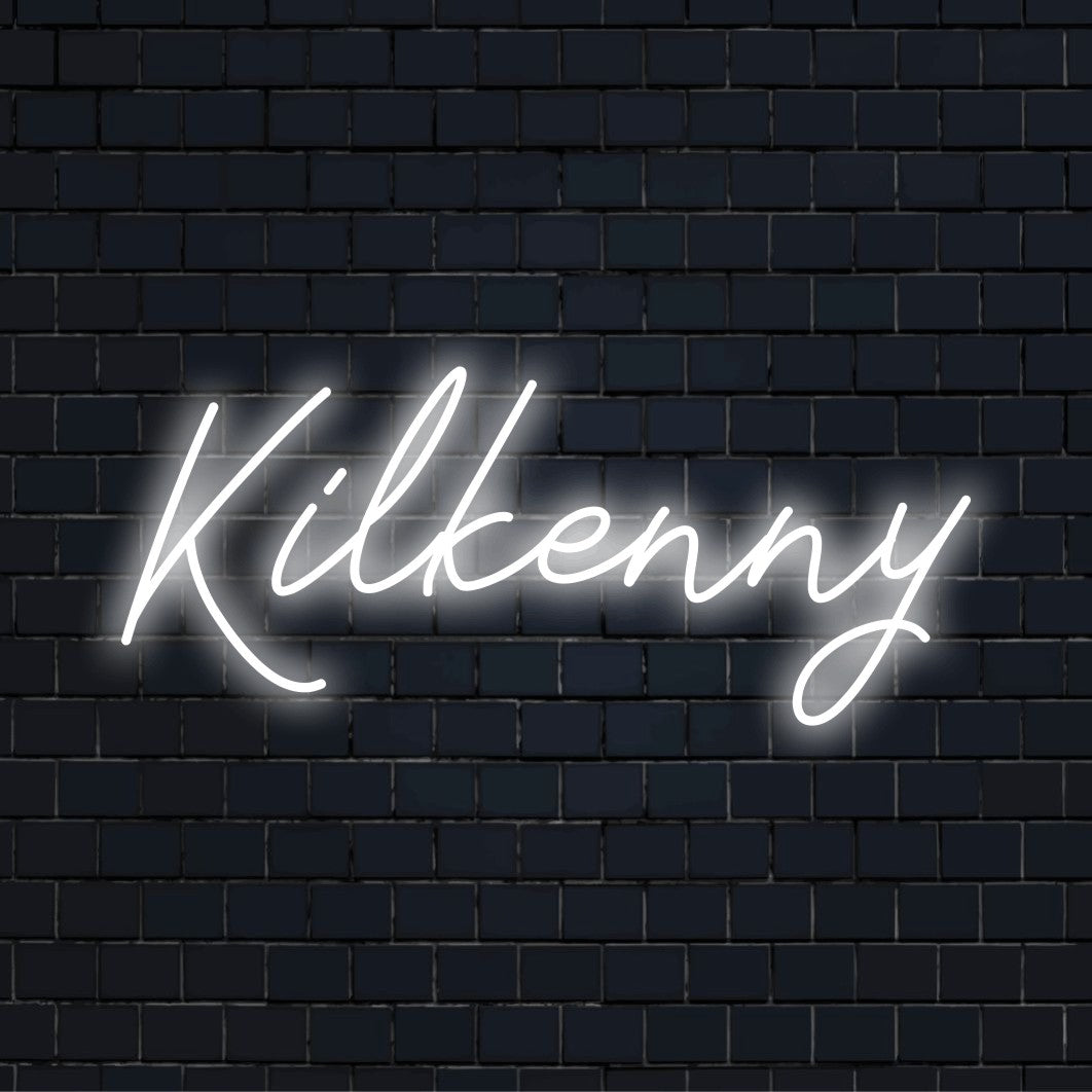 Kilkenny LED Neon Sign, bright LED glow on black brick background