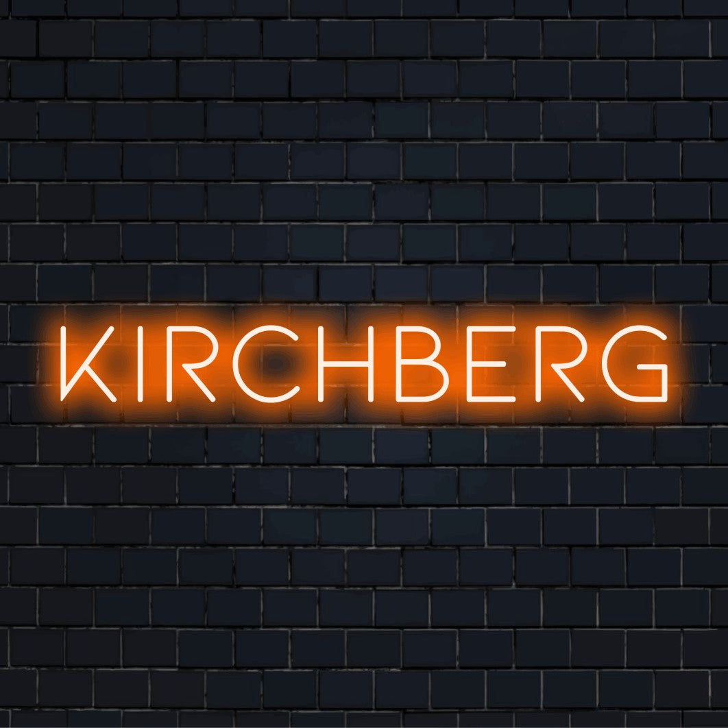 Kirchberg Neon Sign, neon text light on black brick background