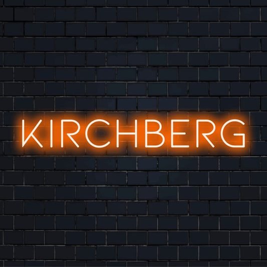 Kirchberg Neon Sign, neon text light on black brick background