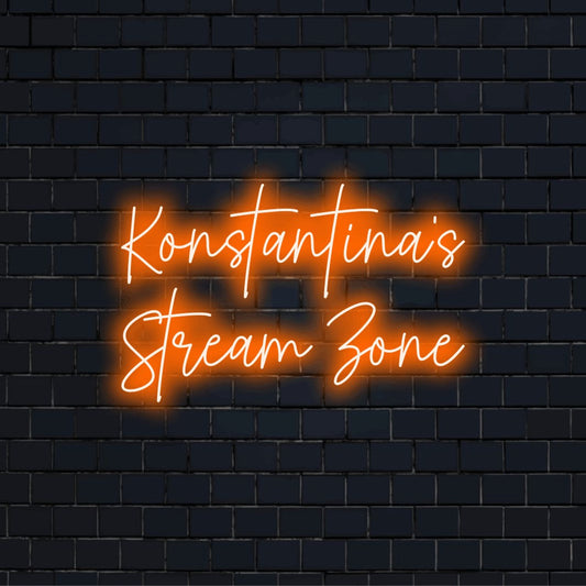 Konstantina_s Stream Zone Custom Name Neon Sign, soft neon glow on dark brick wall