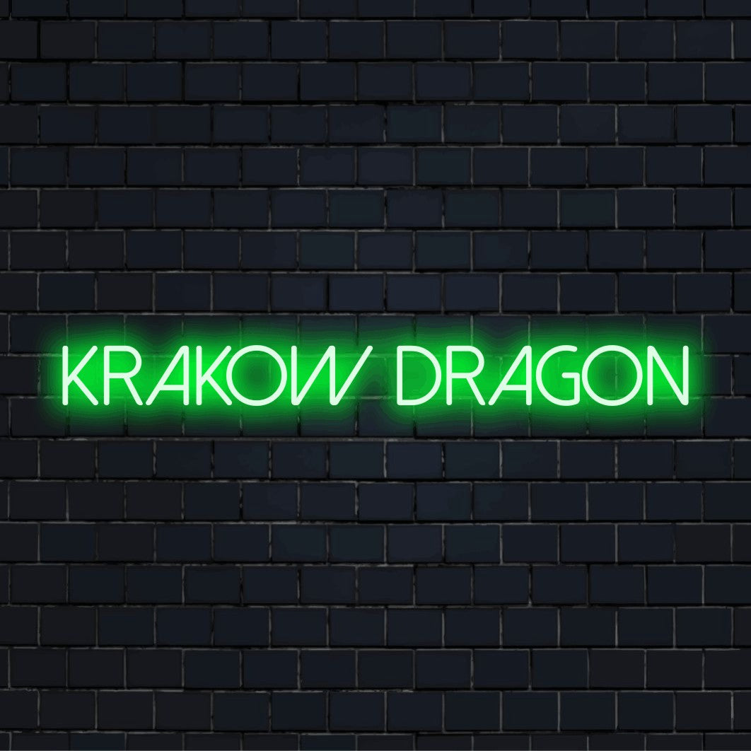 Krakow Dragon Neon Sign, neon text light on dark brick background