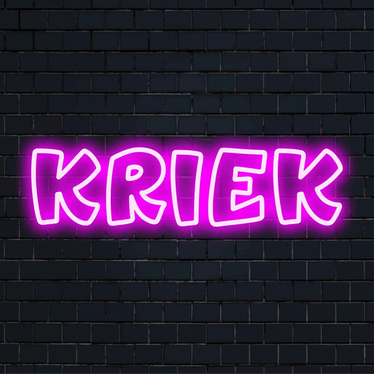 Kriek LED Neon Sign, bright neon glow on dark brick wall