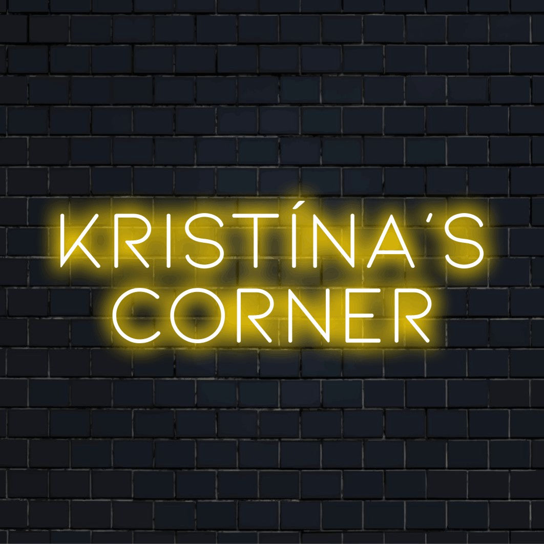 Kristina_s Corner Custom Name Neon Sign, bright LED glow against black brick wall
