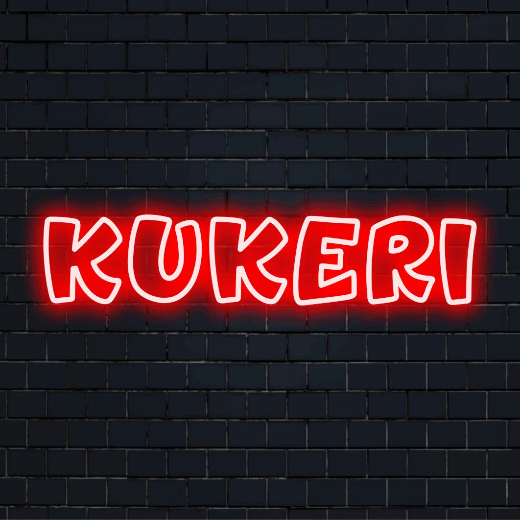 Kukeri Neon Sign, glowing wall decor against brick backdrop